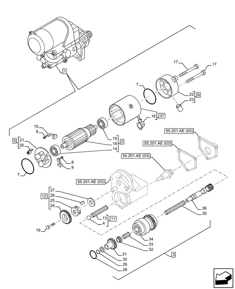 Схема запчастей Case IH F2CFE613C B041 - (55.201.AE[02]) - STARTER MOTOR, COMPONENTS (55) - ELECTRICAL SYSTEMS