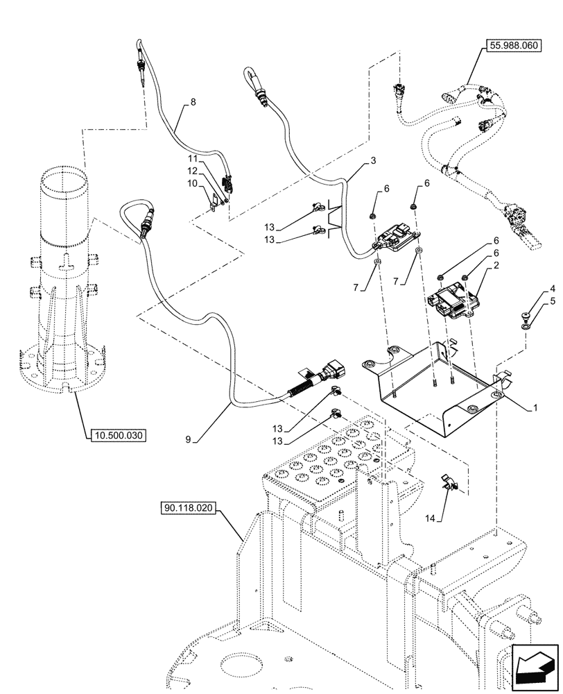 Схема запчастей Case IH OPTUM 270 CVT - (55.988.050) - VAR - 338420, 338452, 392370 - SELECTIVE CATALITIC REDUCTION, SENSOR (55) - ELECTRICAL SYSTEMS