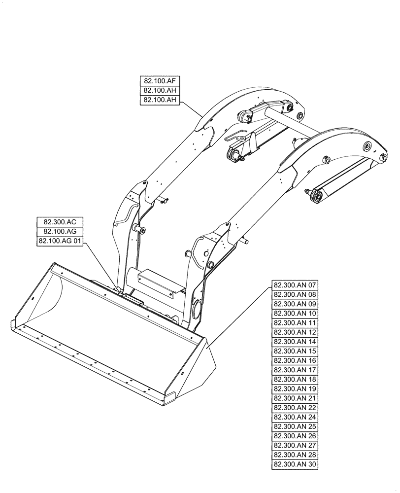 Схема запчастей Case IH TV380 - (82.000.00) - PICTORIAL INDEX - FRONT LOADER AND BUCKET (82) - FRONT LOADER & BUCKET