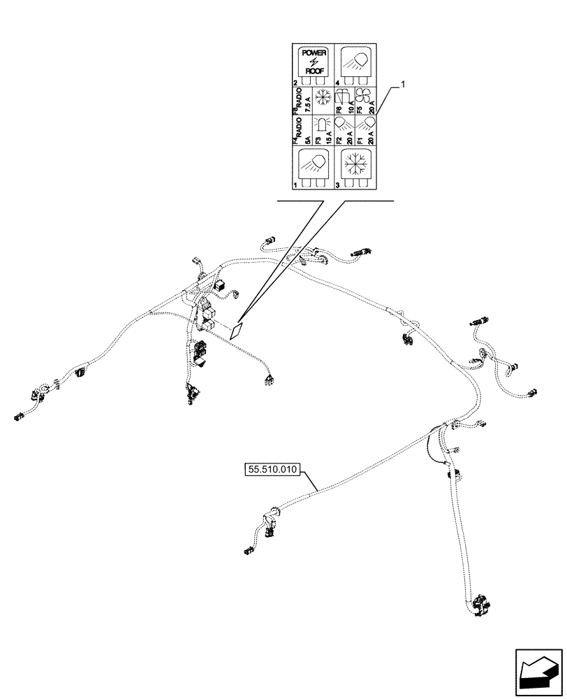 Схема запчастей Case IH FARMALL 110U - (90.108.370) - VAR - 331444, 332147, 335387, 336730, 339434, 391246 - DECAL, CONTROL, ROOF, HARNESS (90) - PLATFORM, CAB, BODYWORK AND DECALS