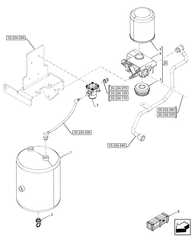 Схема запчастей Case IH OPTUM 300 CVT - (33.224.050) - VAR - 758038, 758039, 758041, 758042, 758044 - BRAKE, W/O ANTILOCK BRAKING SYSTEM (ABS), AIR DRYER, AIR RESERVOIR, PRESSURE LIMITER (33) - BRAKES & CONTROLS