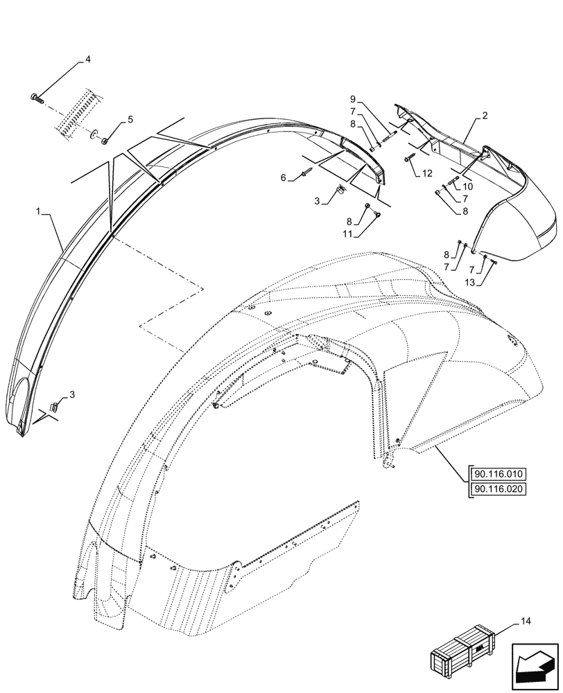 Схема запчастей Case IH OPTUM 300 CVT - (90.116.040) - VAR - 758687, 758690 - WIDE REAR FENDERS, EXTREMITY LIGHT (90) - PLATFORM, CAB, BODYWORK AND DECALS