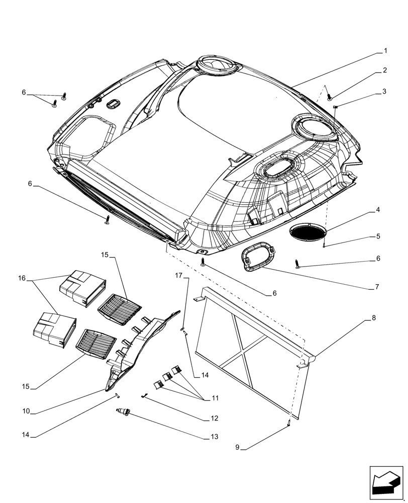 Схема запчастей Case IH PUMA 230 - (90.160.AX) - EEAA ROOF WITH HIGH PROFILE LESS HIGH VISIBILITY PANEL, HEADLINER (90) - PLATFORM, CAB, BODYWORK AND DECALS