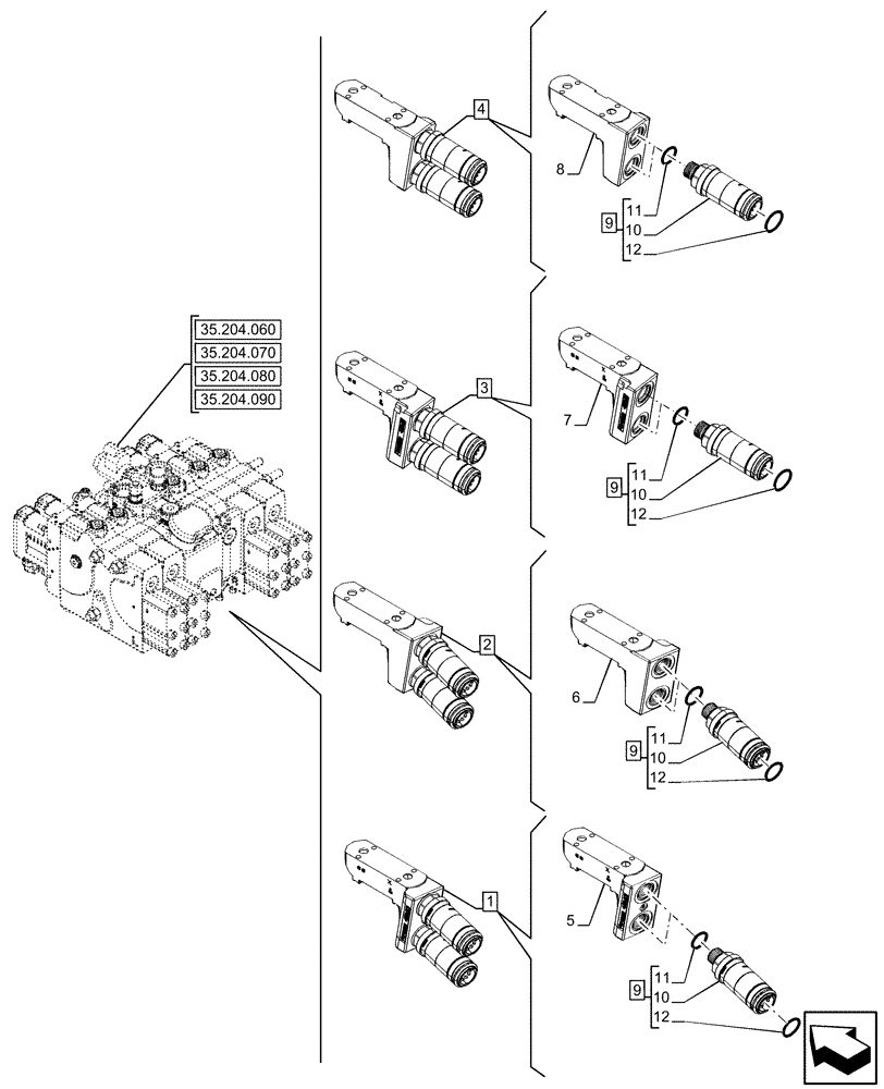 Схема запчастей Case IH OPTUM 300 CVT - (35.204.160) - VAR - 758060, 758061 - REMOTE CONTROL VALVE, COMPONENTS (35) - HYDRAULIC SYSTEMS