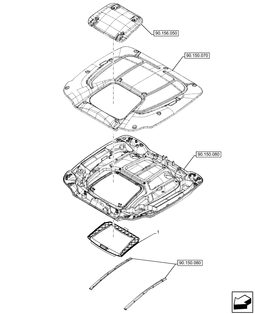 Схема запчастей Case IH OPTUM 300 CVT - (90.151.030) - VAR - 758680 - CAB ROOF, W/ HIGH VISIBILITY PANEL, SUN PROTECTION (90) - PLATFORM, CAB, BODYWORK AND DECALS