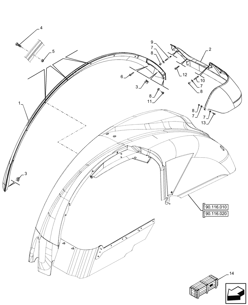 Схема запчастей Case IH OPTUM 300 CVT - (90.116.030) - VAR - 758686, 758989 - WIDE REAR FENDERS, EXTREMITY LIGHT (90) - PLATFORM, CAB, BODYWORK AND DECALS