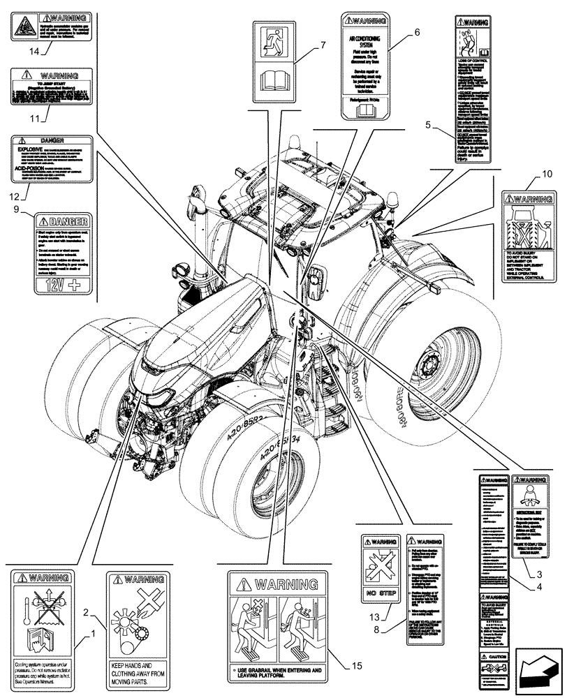 Схема запчастей Case IH OPTUM 300 CVT - (90.108.100) - WARNING DECAL (90) - PLATFORM, CAB, BODYWORK AND DECALS