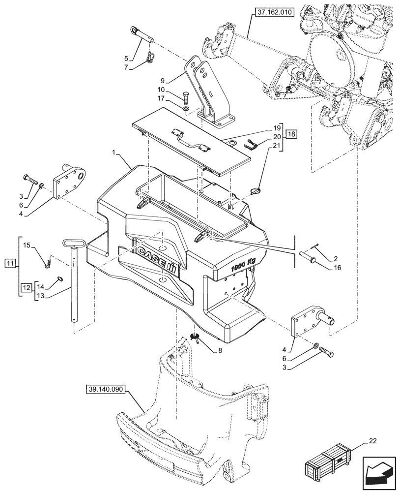 Схема запчастей Case IH OPTUM 300 CVT - (39.140.010) - VAR - 758777 - FRONT, BALLAST 1000 KG (39) - FRAMES AND BALLASTING