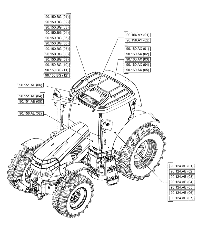 Схема запчастей Case IH PUMA 200 CVT - (90.000.00[03]) - SECTION INDEX - PLATFORM, CAB, BODYWORK & DECALS (90) - PLATFORM, CAB, BODYWORK AND DECALS
