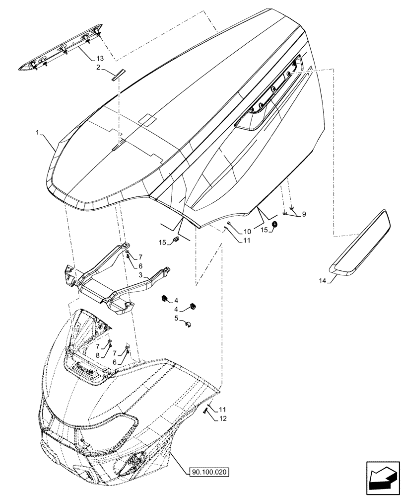 Схема запчастей Case IH OPTUM 300 CVT - (90.100.010) - VAR - 391216, 758207, 758208, 758210 - HOOD (90) - PLATFORM, CAB, BODYWORK AND DECALS
