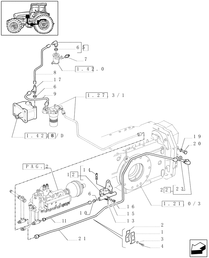Схема запчастей Case IH JX80U - (1.33.2/08[01]) - (VAR.275-279) POWER SHUTTLE - HI-LO - 30-40 KMH - HYDR. PTO - PIPES & VALVE SUPPORT (04) - FRONT AXLE & STEERING