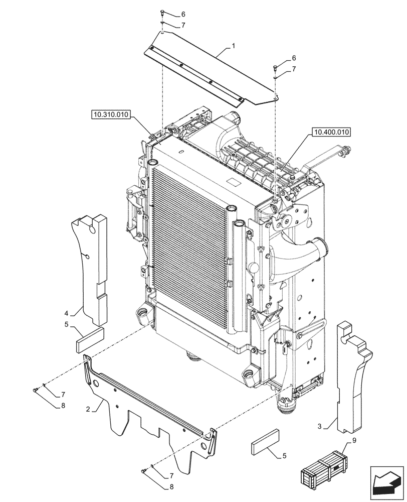 Схема запчастей Case IH OPTUM 300 CVT - (10.400.050) - VAR - 758768, 758774, 758775, 758776, 759086, 759123 - RADIATOR, SEAL, W/O FRONT PTO (10) - ENGINE