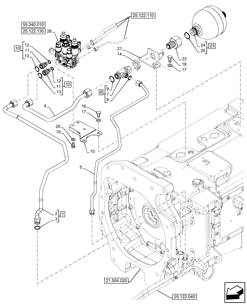 Схема запчастей Case IH OPTUM 270 CVT - (25.122.120) - VAR - 758795, 758796 - FRONT AXLE, HYDRAULIC SYSTEM, VALVE (25) - FRONT AXLE SYSTEM