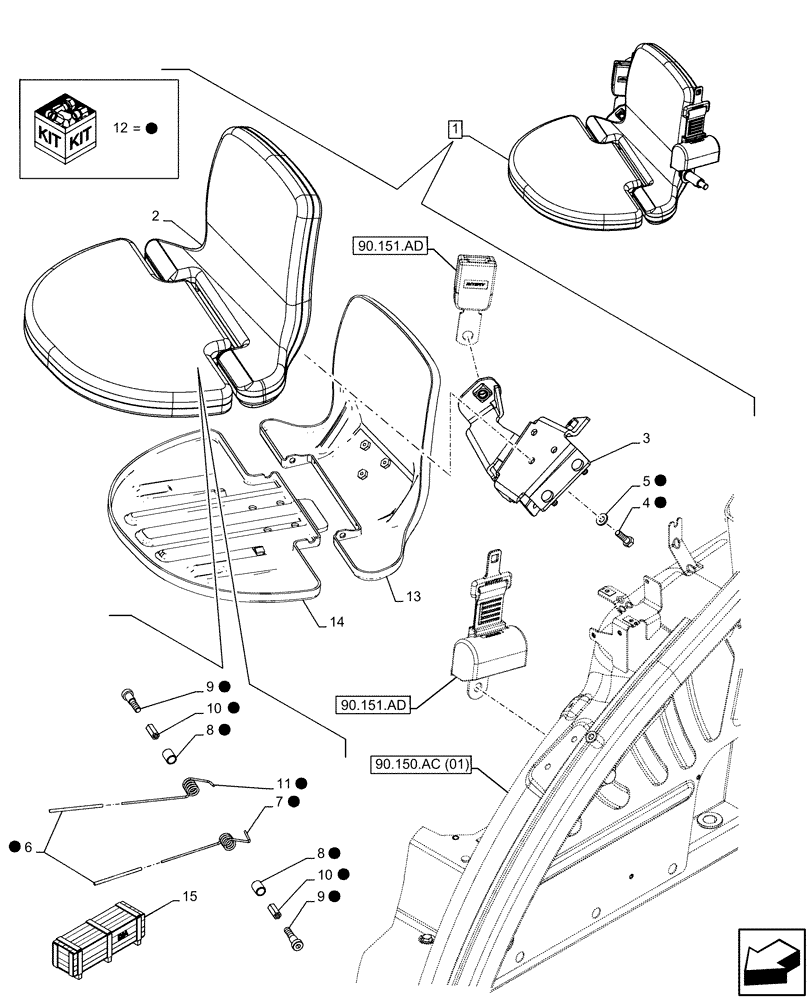 Схема запчастей Case IH FARMALL 115U - (90.151.AC[02]) - VAR - 332865 - PASSENGER SEAT, COMPONENTS (90) - PLATFORM, CAB, BODYWORK AND DECALS