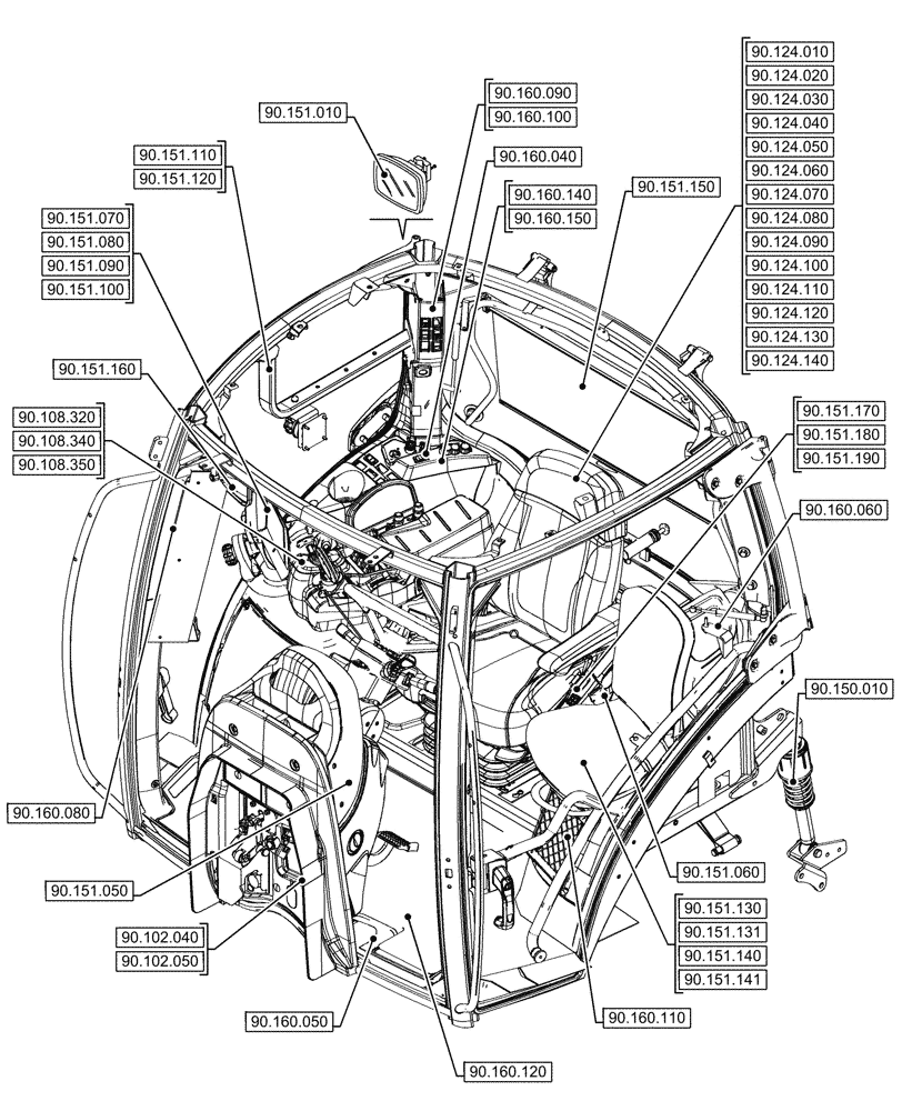 Схема запчастей Case IH OPTUM 300 CVT - (90.000.00[01]) - SECTION INDEX - PLATFORM, CAB, BODYWORK & DECALS (90) - PLATFORM, CAB, BODYWORK AND DECALS