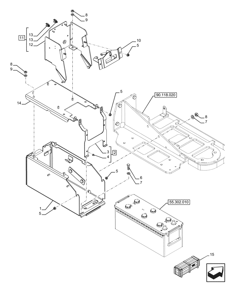 Схема запчастей Case IH FARMALL 110U - (55.302.070) - VAR - 758821 - BATTERY SUPPORT (55) - ELECTRICAL SYSTEMS