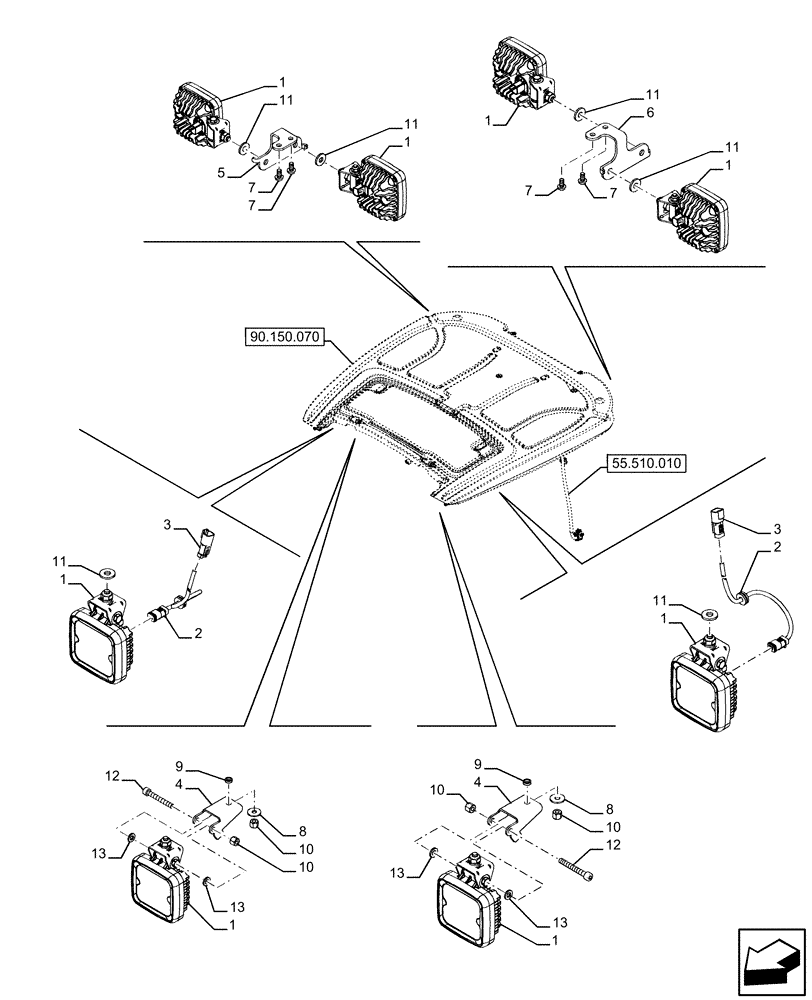 Схема запчастей Case IH FARMALL 110U - (55.404.140) - VAR - 335132, 335133, 337131 - WORKING LIGHT (55) - ELECTRICAL SYSTEMS