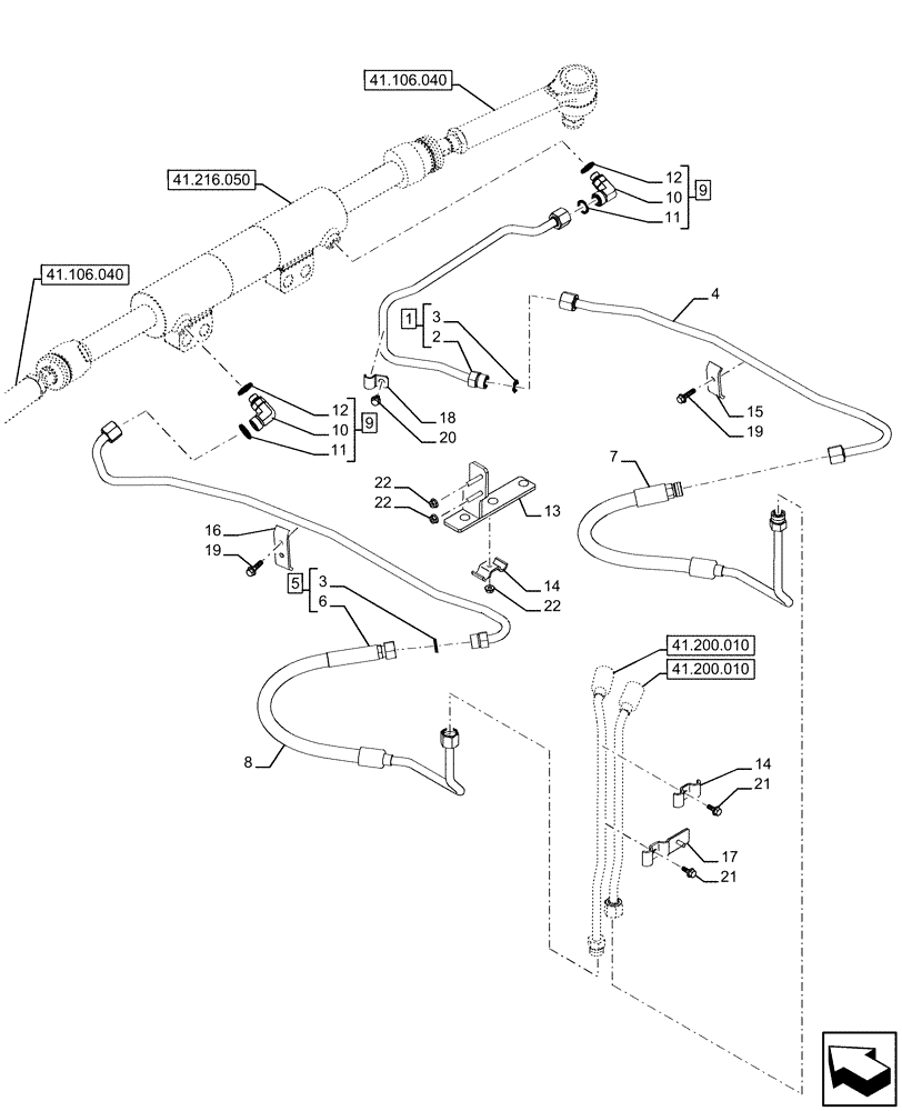 Схема запчастей Case IH FARMALL 110U - (41.216.060) - VAR - 337707, 758604 - SUSPENDED FRONT AXLE, HYDRAULIC STEERING, LINE, STEERING CYLINDER (41) - STEERING