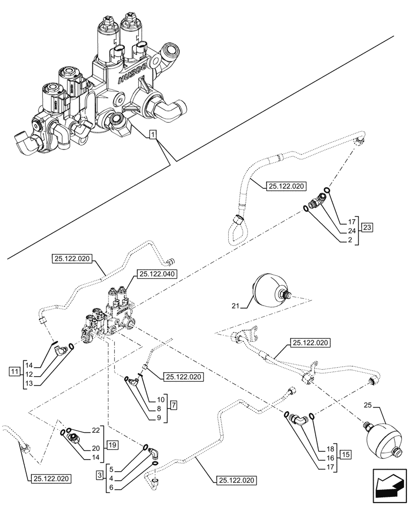 Схема запчастей Case IH FARMALL 120U - (25.122.010) - VAR - 337707, 758604 - SUSPENDED FRONT AXLE, VALVE (25) - FRONT AXLE SYSTEM