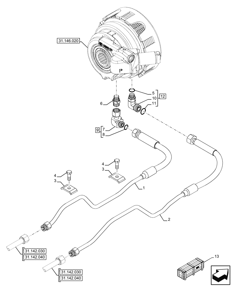 Схема запчастей Case IH FARMALL 120U - (31.142.010) - VAR - 758288, 744943 - FRONT PTO, HYDRAULIC LINE (31) - IMPLEMENT POWER TAKE OFF