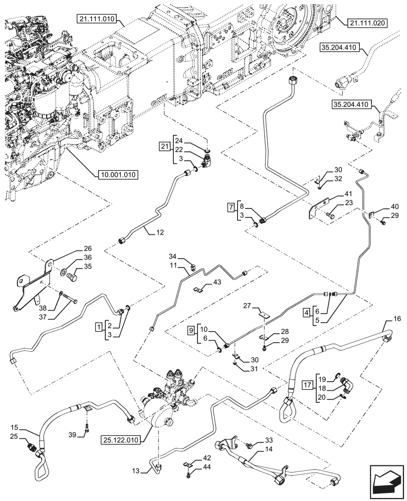 Схема запчастей Case IH FARMALL 120U - (25.122.020) - VAR - 337707, 758604 - SUSPENDED FRONT AXLE, VALVE, LINES (25) - FRONT AXLE SYSTEM