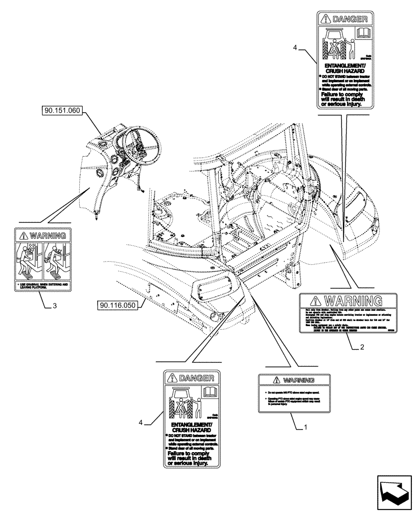 Схема запчастей Case IH FARMALL 110U - (90.108.060) - VAR - 330500, 330501, 330502, 330503, 330504, 330505, 330506, 330507, 330508, 330509, 330510, 330511, 330512, 330514, 330517, 330576, 330843, 335660, 390500 - WARNING DECAL, NA (90) - PLATFORM, CAB, BO