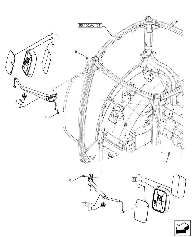 Схема запчастей Case IH MAXXUM 110 - (90.118.BM[04]) - VAR - 743710 - REAR VIEW MIRROR, TELESCOPIC, W/ REMOTE ADJUSTMENT (90) - PLATFORM, CAB, BODYWORK AND DECALS