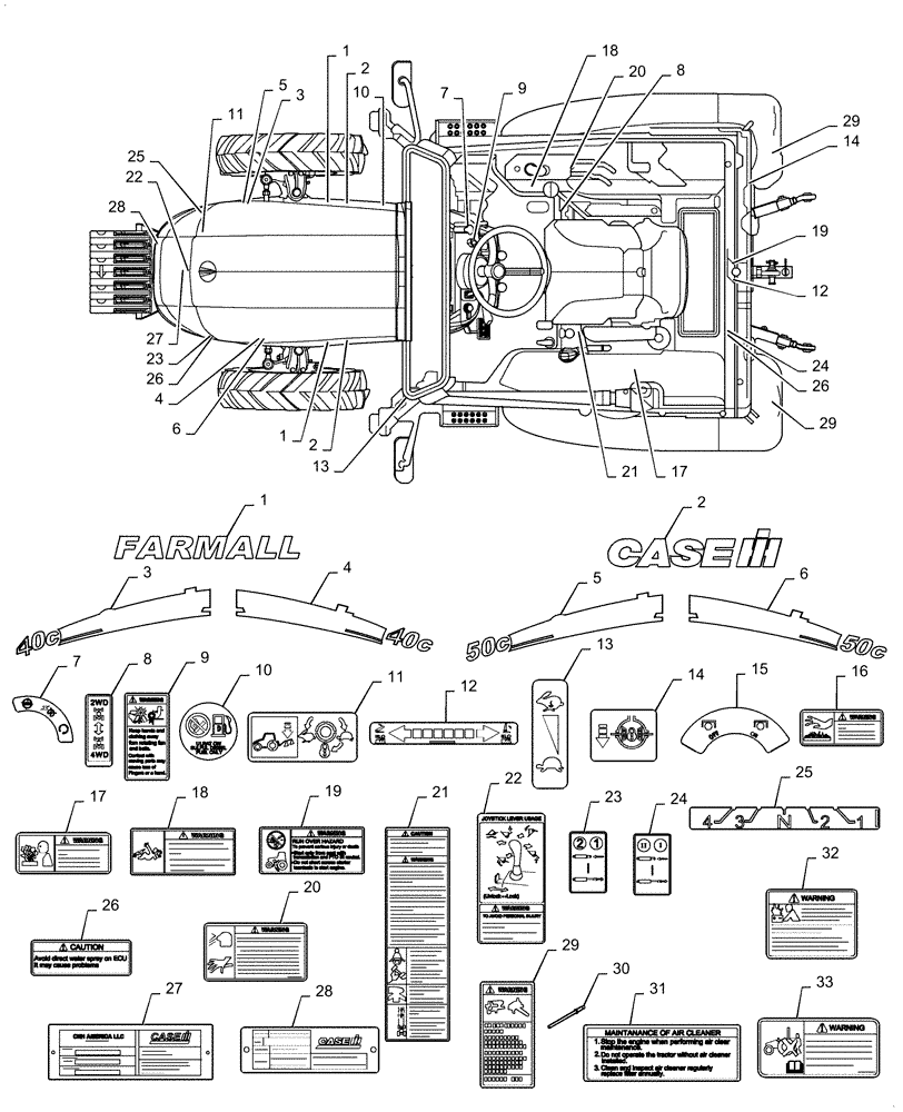 Схема запчастей Case IH FARMALL 40C - (90.108.AD) - MODEL AND SAFETY DECALS (90) - PLATFORM, CAB, BODYWORK AND DECALS