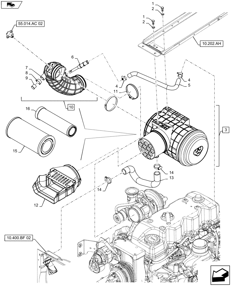 Схема запчастей Case IH MAXXUM 125 - (10.202.AB[04]) - VAR - 330189, 332189, 743763 - AIR FILTER WITH PRECLEANER "SPIN TUBE" - AIR CLEANER & INTAKE PARTS (10) - ENGINE