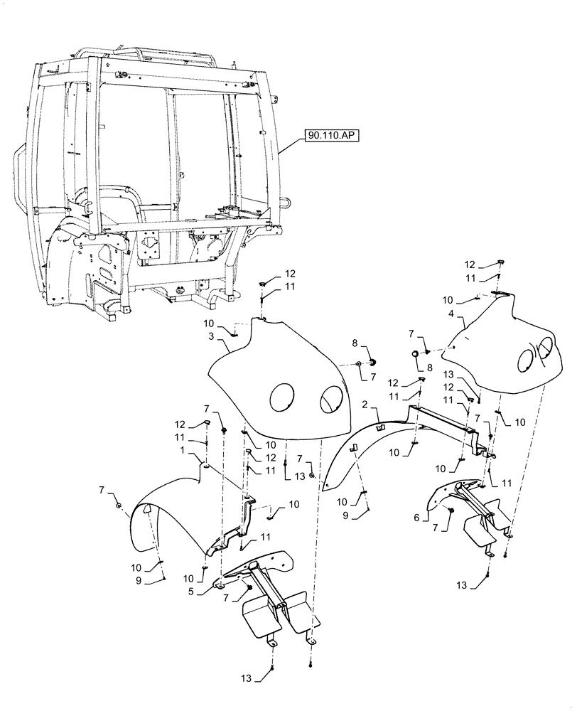 Схема запчастей Case IH FARMALL 40C - (90.116.AC) - FENDER (90) - PLATFORM, CAB, BODYWORK AND DECALS