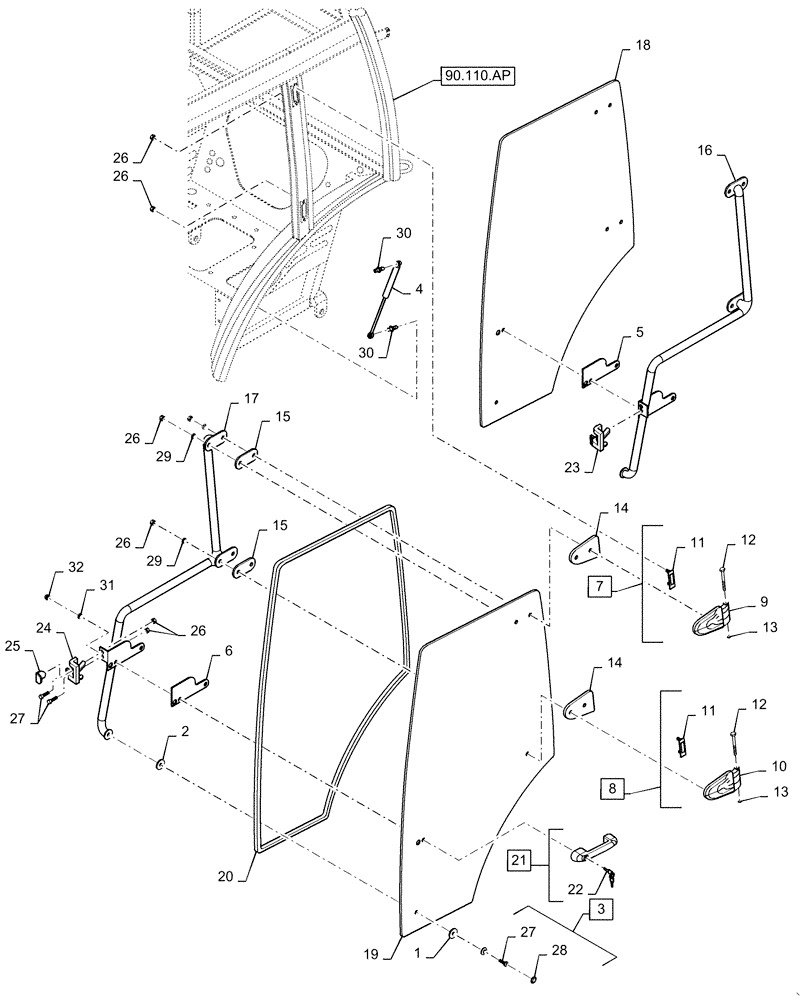 Схема запчастей Case IH FARMALL 35C - (90.154.AA) - CAB DOOR (90) - PLATFORM, CAB, BODYWORK AND DECALS