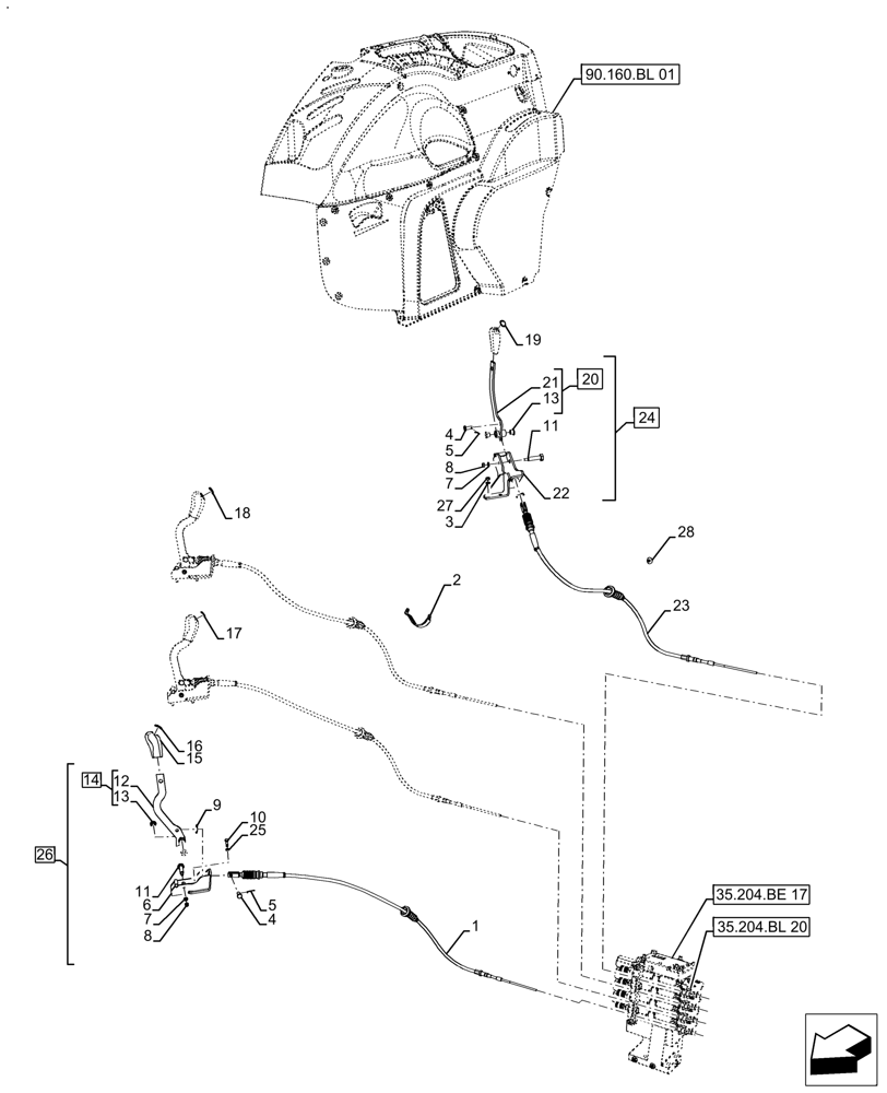 Схема запчастей Case IH FARMALL 120A - (35.204.BL[14]) - VAR - 429474 - 4 REMOTE CONTROL VALVES, CONTROL LEVER, CAB (35) - HYDRAULIC SYSTEMS