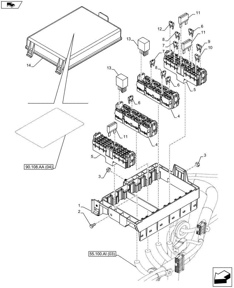 Схема запчастей Case IH FARMALL 105U - (55.100.DO[02]) - STD + VAR - 390754 - FUSE BOX, FUSE HOLDER, RELAY, CAB, NA - END YR 10-MAR-2013 (55) - ELECTRICAL SYSTEMS