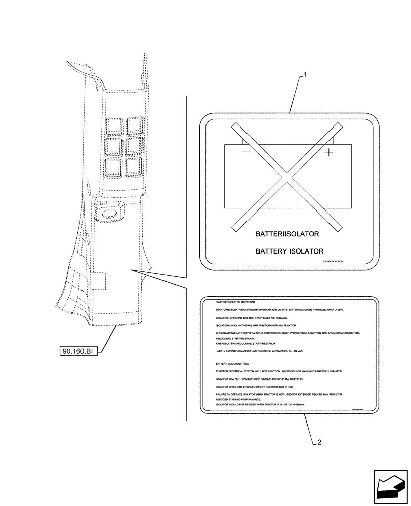 Схема запчастей Case IH PUMA 185 - (90.108.AC[18]) - VAR - 391130, 758000 - WARNING DECAL, BATTERY ISOLATOR (90) - PLATFORM, CAB, BODYWORK AND DECALS