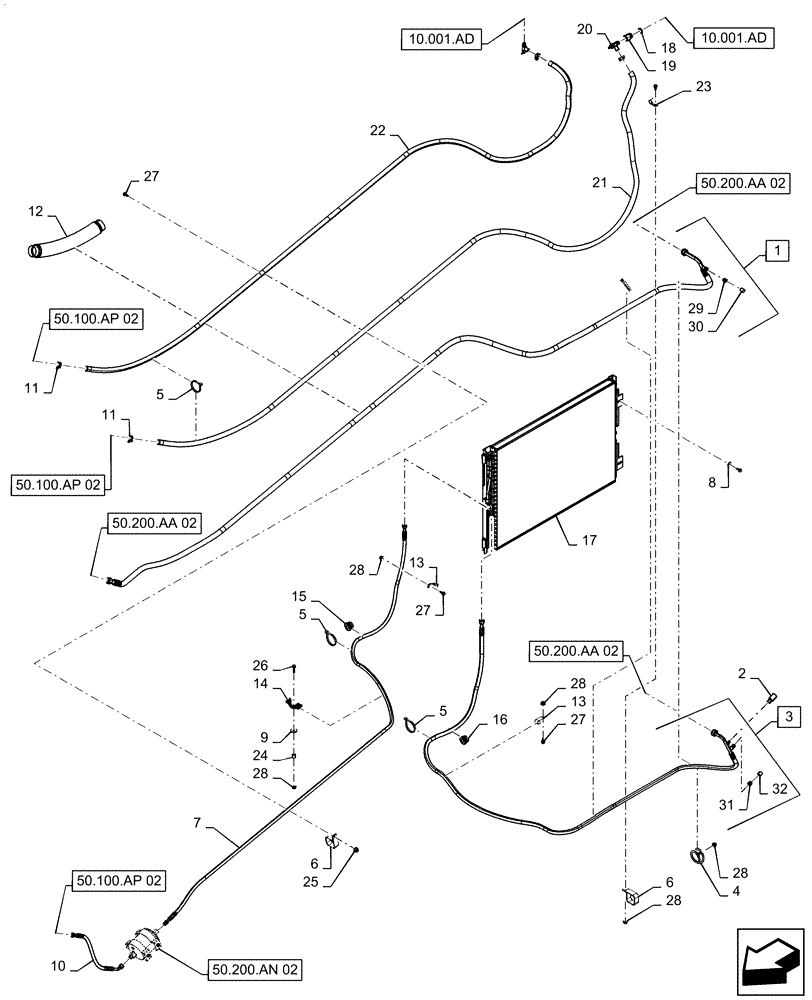 Схема запчастей Case IH 8240 - (50.200.AB[02]) - CONDENSER, A/C & HEATER HOSES (50) - CAB CLIMATE CONTROL