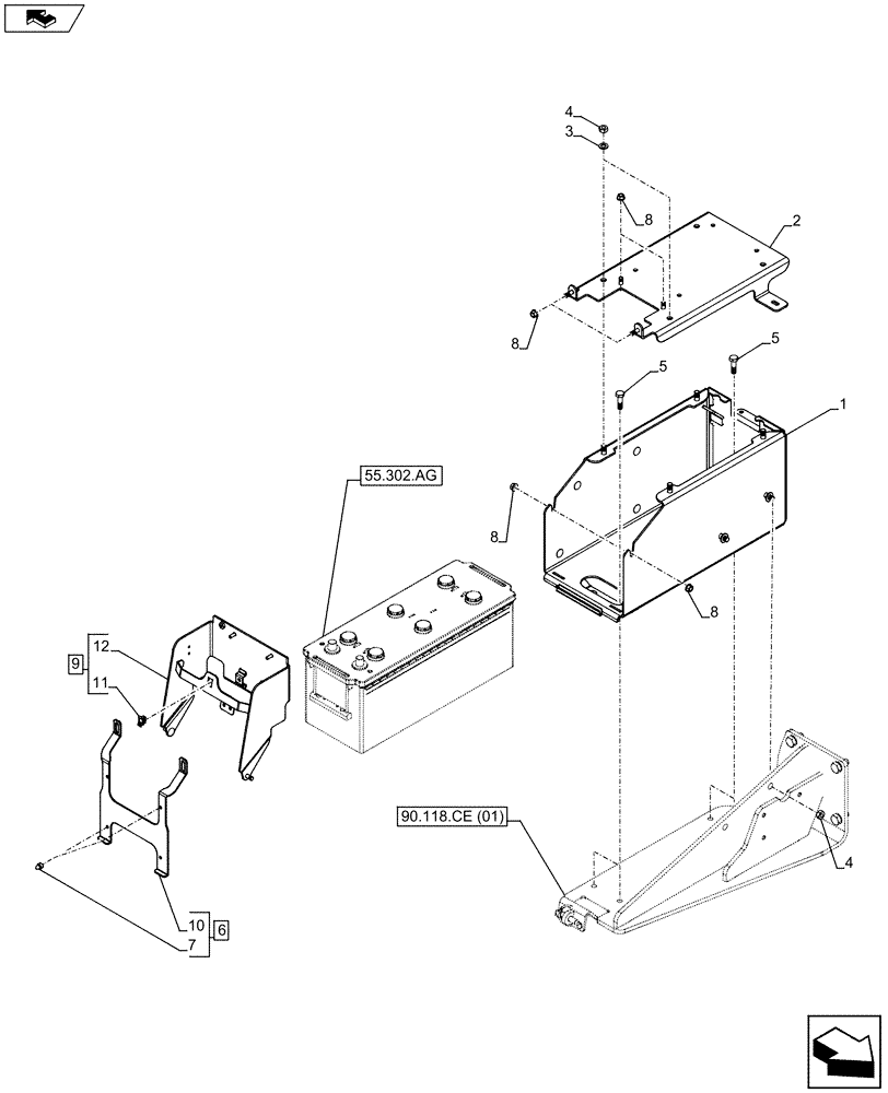 Схема запчастей Case IH FARMALL 115U - (55.302.AK[03]) - VAR - 390124 - BATTERY SUPPORT - LESS MMV (55) - ELECTRICAL SYSTEMS
