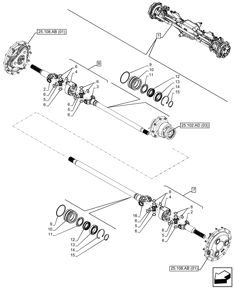 Схема запчастей Case IH MAXXUM 135 - (25.108.AA[09]) - VAR - 392196, 758417, 758418, 758419 - FRONT AXLE, W/ LIMITED SLIP DIFFERENTIAL, SHAFT (25) - FRONT AXLE SYSTEM