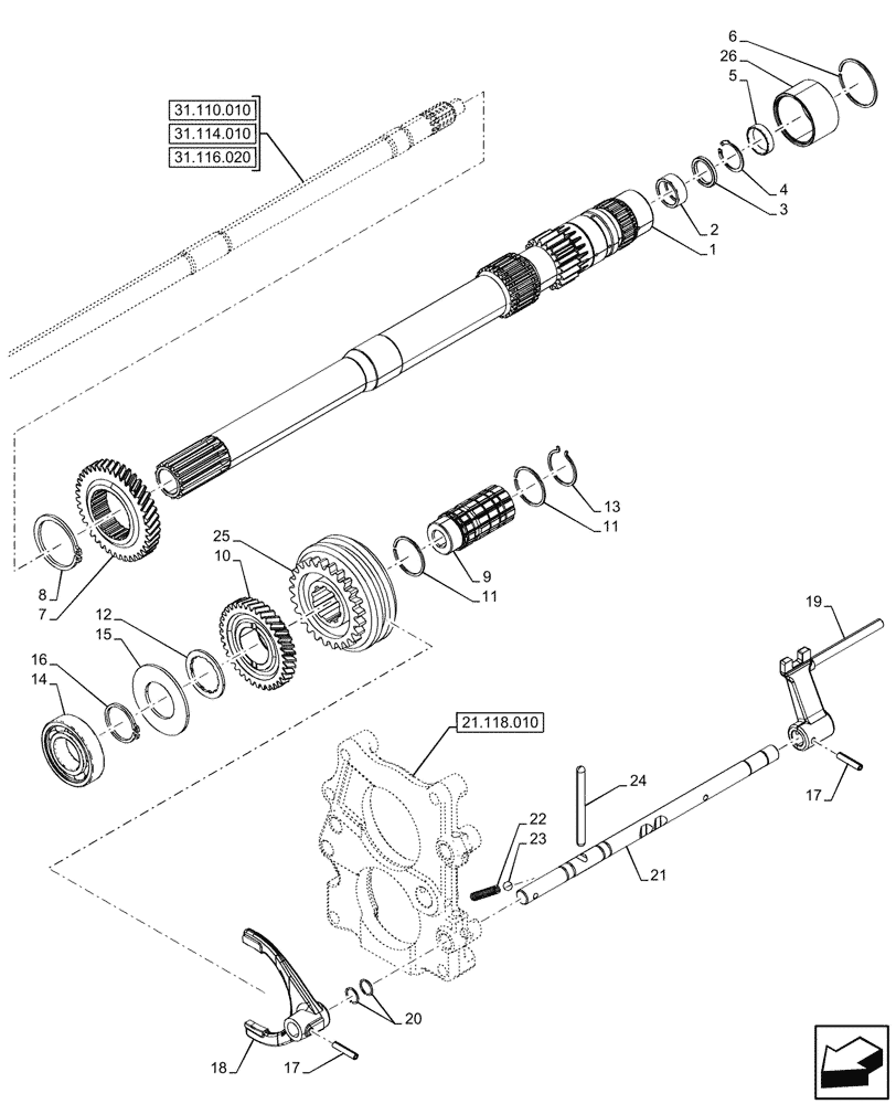 Схема запчастей Case IH FARMALL 110V - (21.148.070) - VAR - 743508 - TRANSMISSION, GEARS & SHAFT, SPLITTER (21) - TRANSMISSION