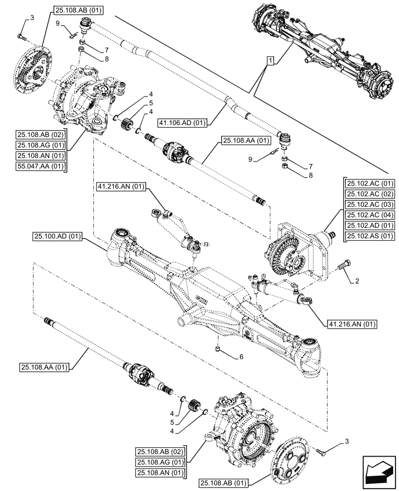 Схема запчастей Case IH MAXXUM 135 - (25.100.AA[01]) - VAR - 390409, 758421 - FRONT AXLE, W/ HYDRAULIC DIFFERENTIAL LOCK, W/ STEERING SENSORS, W/O WATERPROOF (25) - FRONT AXLE SYSTEM
