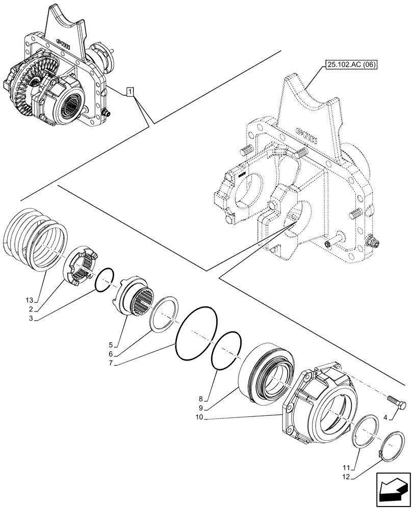 Схема запчастей Case IH MAXXUM 115 - (25.102.AS[02]) - VAR - 758422, 758423 - SUSPENDED FRONT AXLE WITH HYDR. DIFF. LOCK & STRG SENSOR, DIFFERENTIAL LOCK (25) - FRONT AXLE SYSTEM