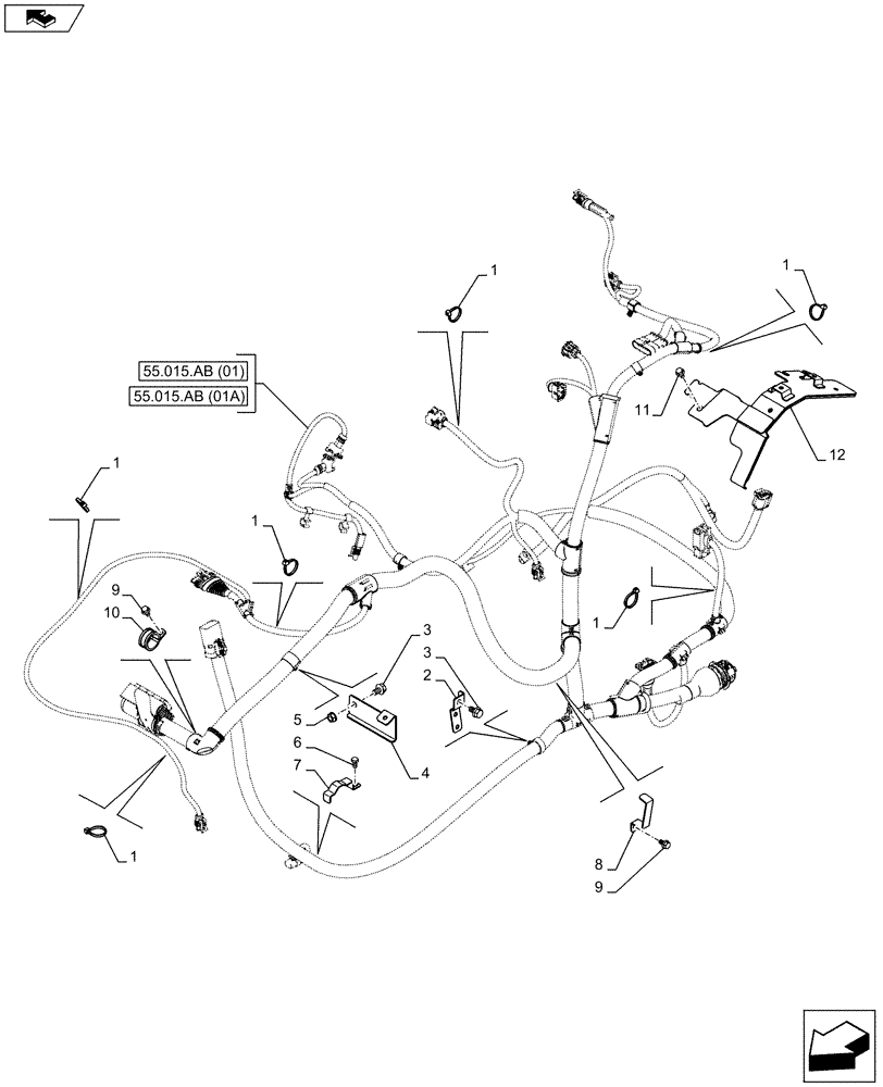 Схема запчастей Case IH FARMALL 115U - (55.015.AB[02]) - STD + VAR - 390174 - ENGINE - ELECTRIC CABLE, CLIP, BRACKET (55) - ELECTRICAL SYSTEMS