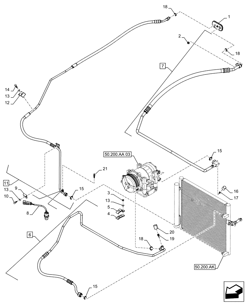 Схема запчастей Case IH FARMALL 115C - (50.200.AB) - VAR - 334183, 334184, 334211, 334212, 391606, 744588, 743573, 743556 - AIR CONDITIONING, HOSE (50) - CAB CLIMATE CONTROL