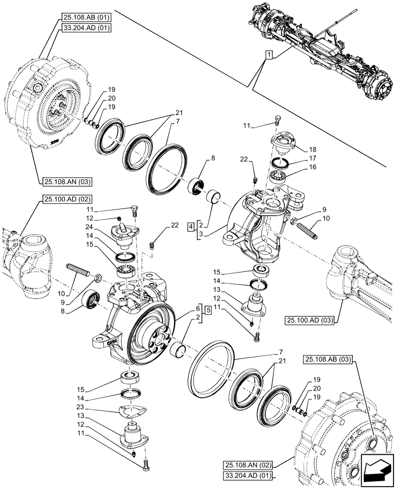 Схема запчастей Case IH MAXXUM 150 - (25.108.AG[03]) - VAR - 758423 - SUSPENDED FRONT AXLE WITH HYDR. DIFF. LOCK, STRG SENSOR & BRAKES, STEERING KNUCKLE (25) - FRONT AXLE SYSTEM