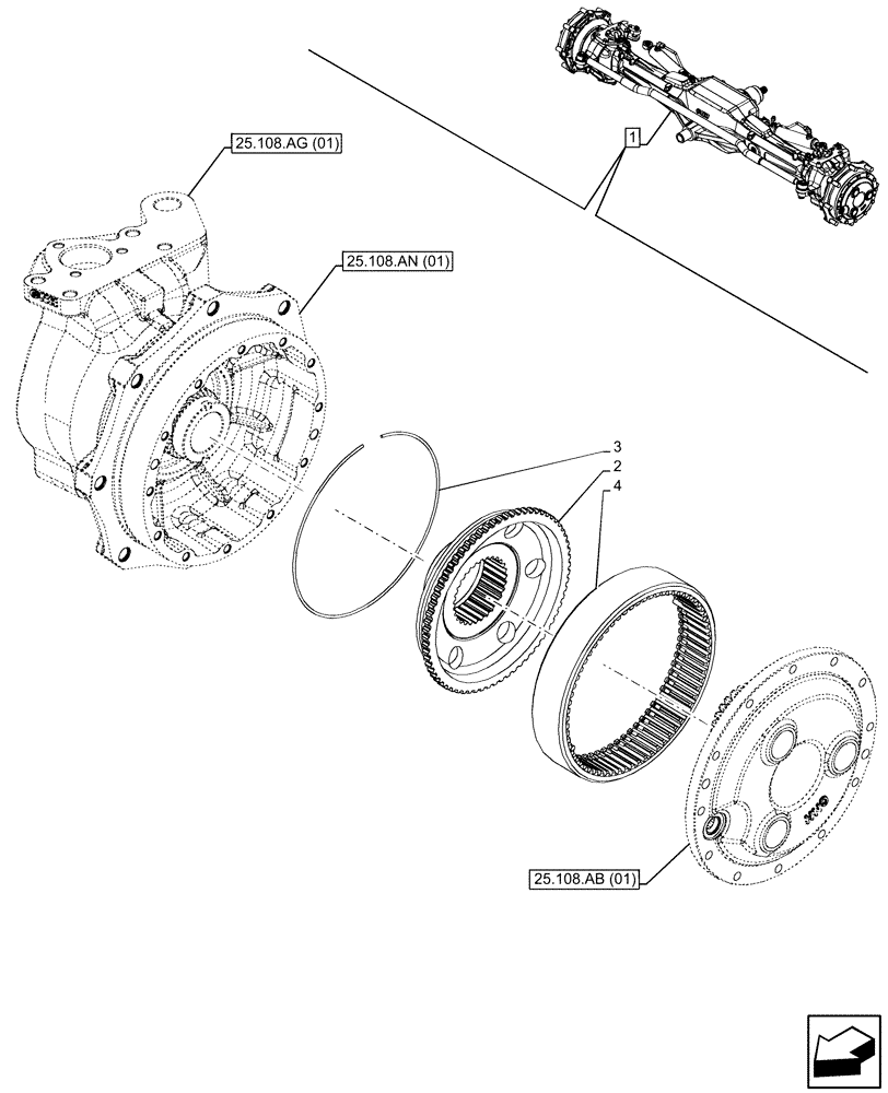 Схема запчастей Case IH MAXXUM 115 - (25.108.AB[02]) - VAR - 390409, 758420, 758421 - FRONT AXLE, W/ HYDRAULIC DIFFERENTIAL LOCK, W/ STEERING SENSORS, W/O WATERPROOF, STEERING KNUCKLE, PLANETARY REDUCER (25) - FRONT AXLE SYSTEM