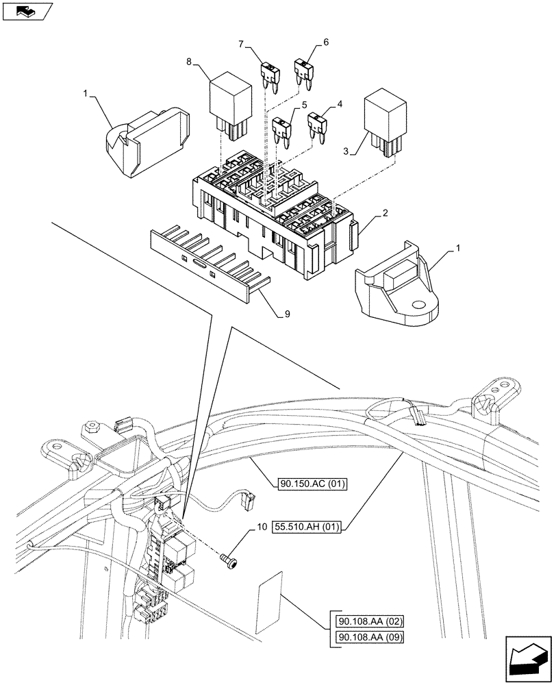 Схема запчастей Case IH FARMALL 105U - (55.100.DO[04]) - STD + VAR - 391754 - FUSE BOX, FUSE HOLDER, RELAY, CAB ROOF (55) - ELECTRICAL SYSTEMS