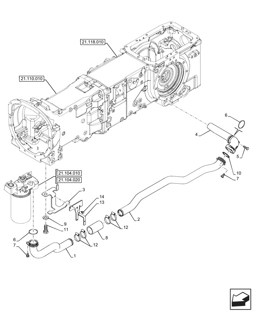 Схема запчастей Case IH FARMALL 110N - (21.104.030) - VAR - 342264, 342265, 743524 - TRANSMISSION OIL, SUCTION PIPE, 60L/MIN (21) - TRANSMISSION