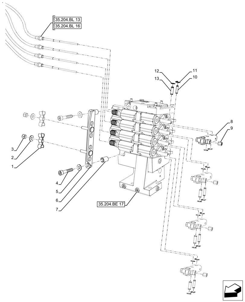 Схема запчастей Case IH FARMALL 125A - (35.204.BL[19]) - VAR - 429479, 429480 - REMOTE CONTROL VALVE, 4 ACTUATOR, NOT APPLY FOR NAR (35) - HYDRAULIC SYSTEMS