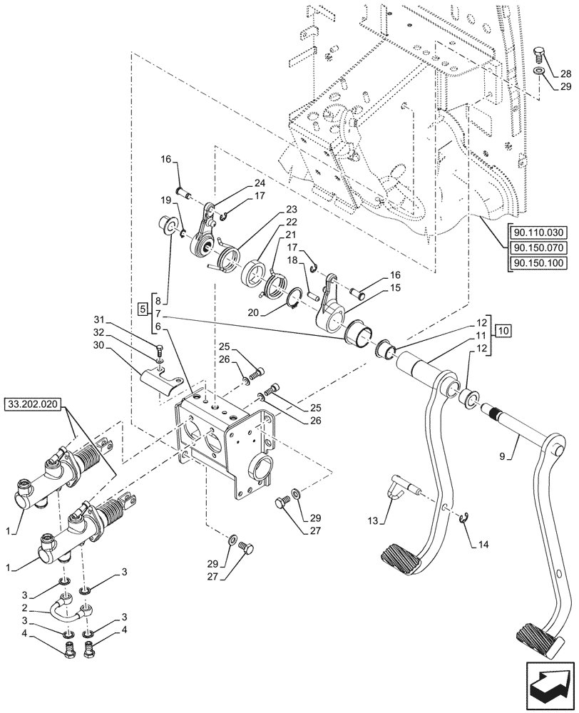 Схема запчастей Case IH FARMALL 80V - (33.202.010) - VAR - 759028, 759029, 759031, 759033 - BRAKE CYLINDER, PEDAL (33) - BRAKES & CONTROLS