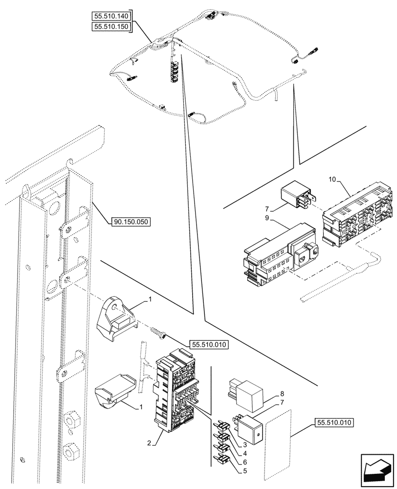 Схема запчастей Case IH FARMALL 100V - (55.100.090) - VAR - 759031, 759033 - FUSE BOX, ROOF, CAB (55) - ELECTRICAL SYSTEMS