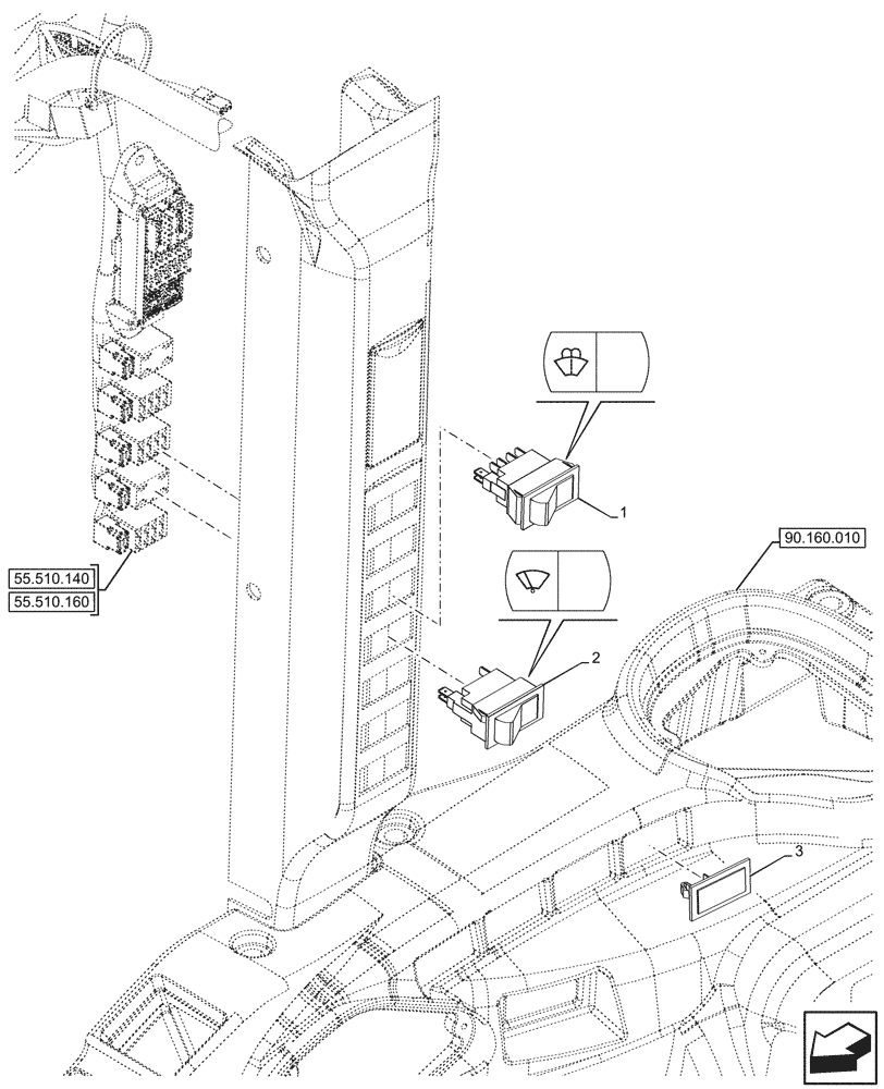 Схема запчастей Case IH FARMALL 100N - (55.518.040) - VAR - 759031, 759033 - WINDSHIELD, WIPER AND WASHER, SWITCH, CAB (55) - ELECTRICAL SYSTEMS